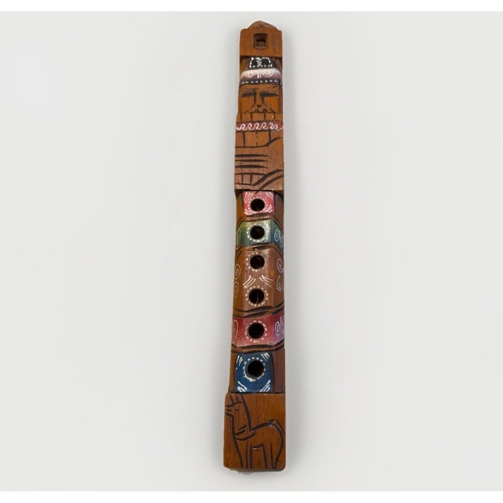 Vtg Handmade Hand Carved Wooden Flute 12.5" Totem Peruvian Bolivian Tarka Wood